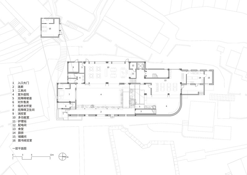 First floor plan drawing showing an elongated L-shaped layout with multiple rooms and courtyards