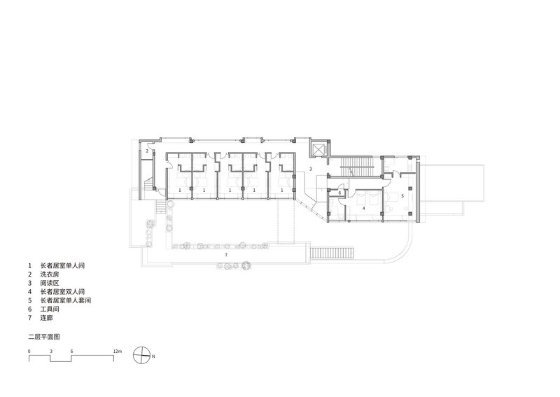 Second floor plan drawing showing a row of repetitive rooms along a corridor with outdoor terraces