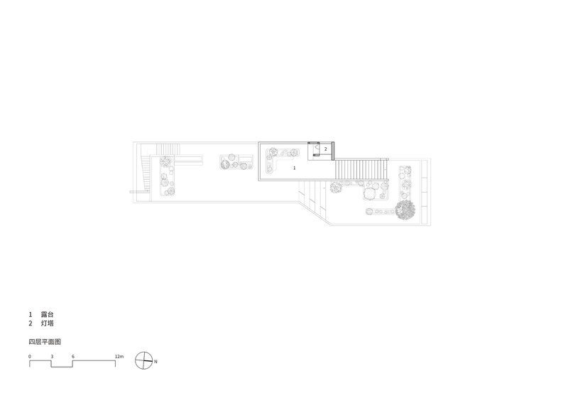 Fourth floor plan drawing showing a narrow linear volume with planted terraces at both ends