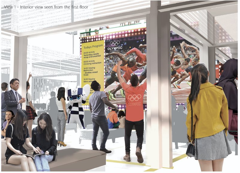 Interior view of the XL Dojo showing Olympic screenings, social seating, and shared activity zones.