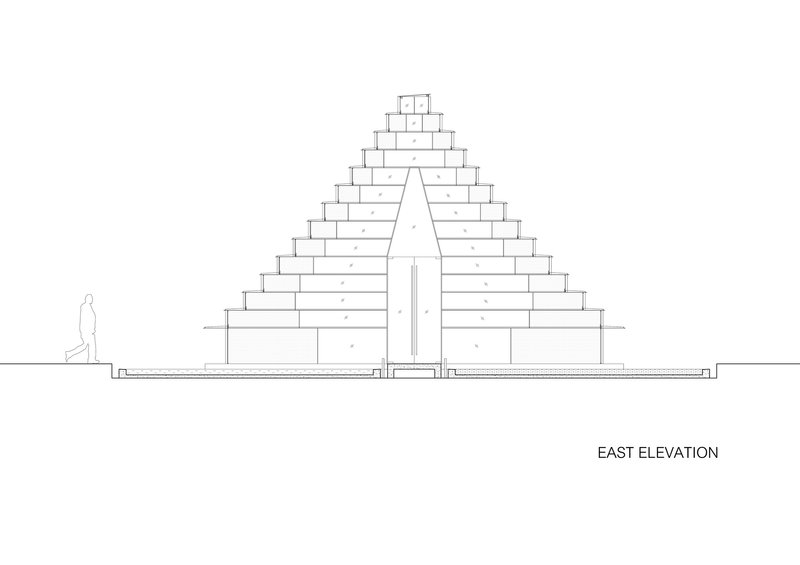 East elevation drawing showing pyramidal stepped volume with central vertical opening and standing figure for scale