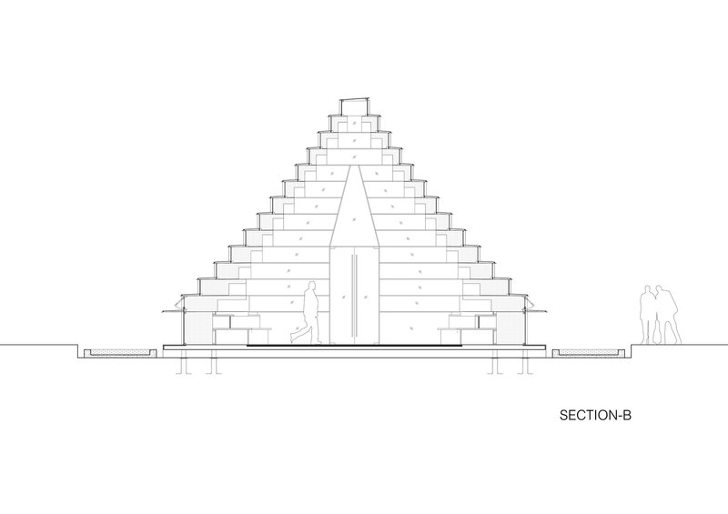 Section drawing showing a pyramidal volume with a central vertical void and figures at ground level