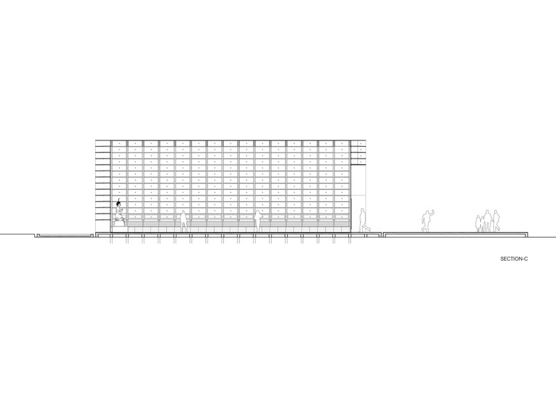 Section drawing depicting the gridded facade alongside a pyramidal volume with walking figures for scale