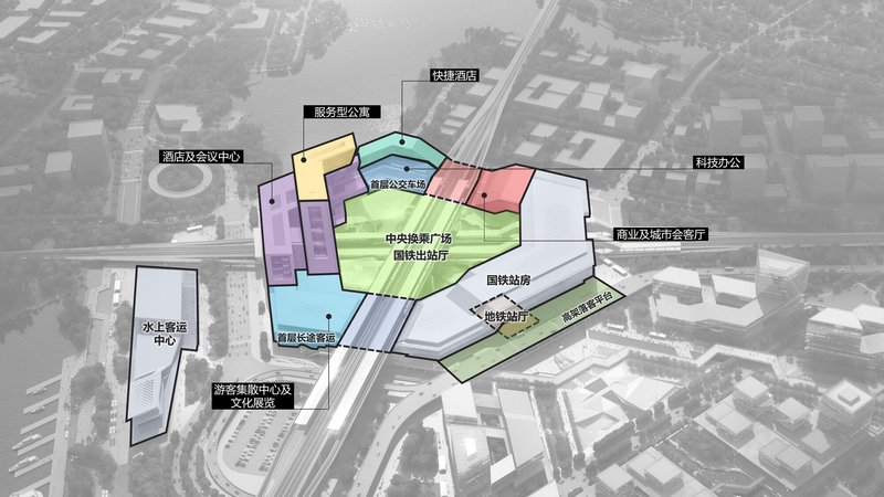 Aerial site plan diagram with labeled color-coded program zones over a monochrome photograph