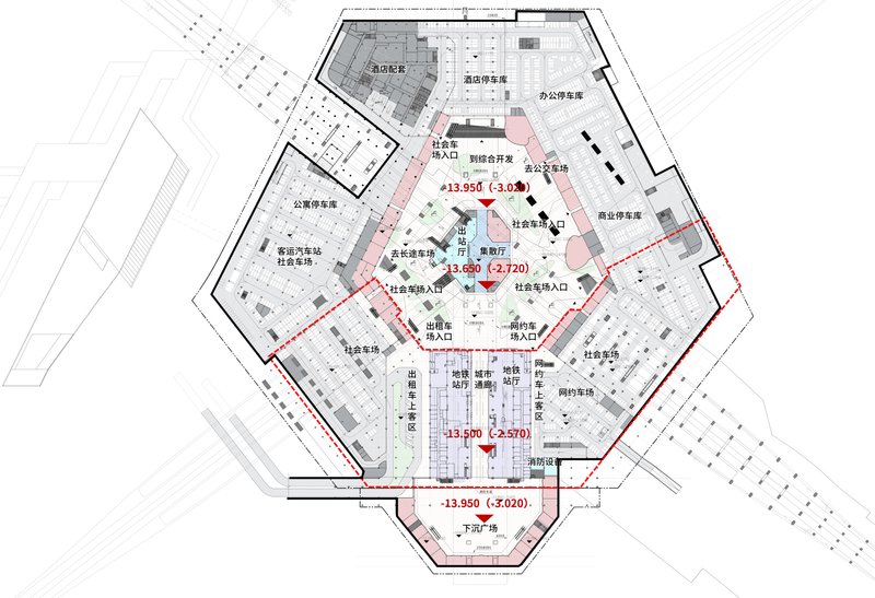 Floor plan drawing of a hexagonal transit concourse showing vertical circulation cores and retail zones