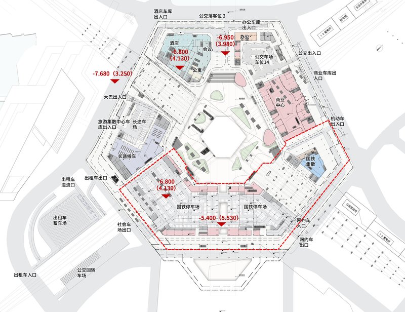 Level plan drawing of hexagonal transit hub with labeled entrances and multi-level connections