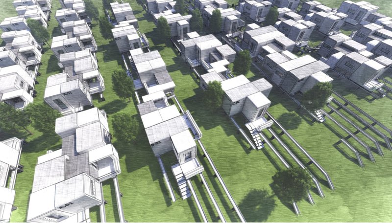 Conceptual settlement view showing 3D printed modular homes arranged for scalable disaster recovery housing.
