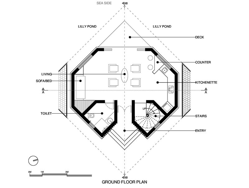 Ground floor plan drawing showing living and kitchen spaces with spiral stair and flanking lily ponds