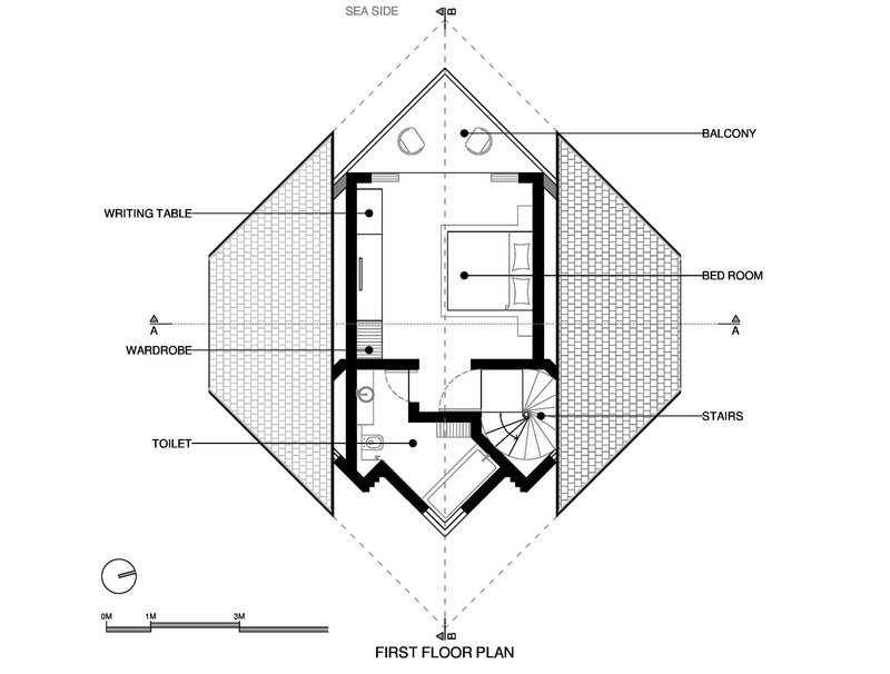 First floor plan drawing showing bedroom and writing table with central spiral stair and balcony access