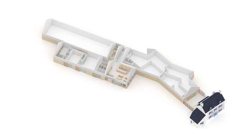 Isometric cutaway model revealing the interior room layout within the elongated curved plan connecting to existing building
