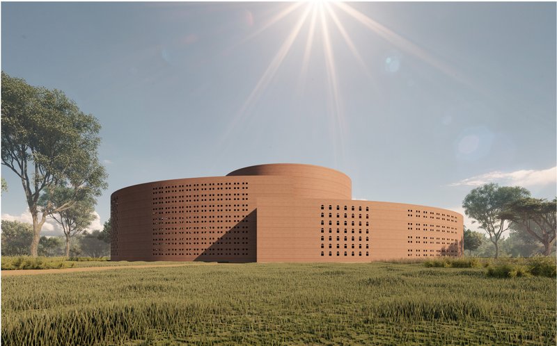 The chapel’s circular form blends sustainable architecture with a calm green park setting.