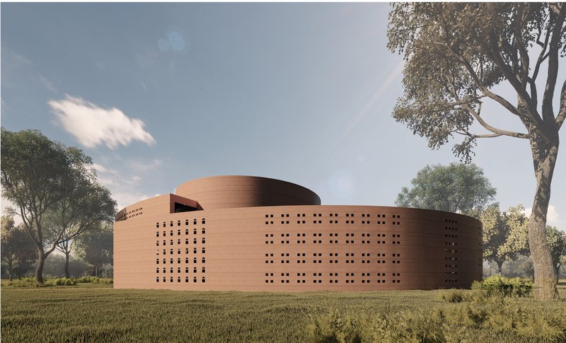 Peace Chapel rises from the landscape with curved earth-toned walls and perforated openings inspired by Ethiopian architecture.