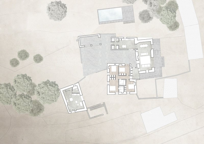 Floor plan drawing showing interior room layouts with adjacent landscape elements and adjacent structures