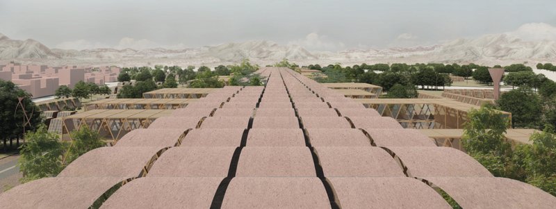 Bazaar City stretches toward the mountains, linking public infrastructure, agriculture, and resilient shelter zones.