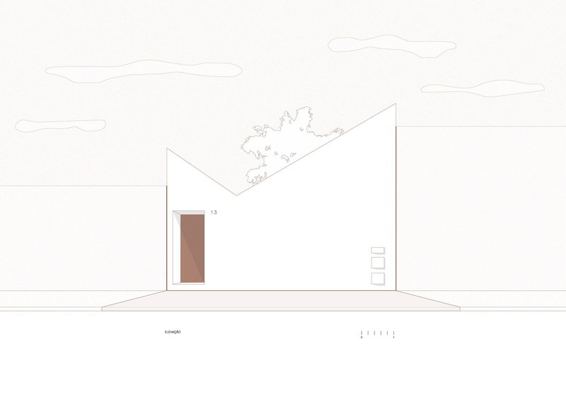 Elevation drawing showing the white facade with a single terracotta-toned door and rooftop vegetation