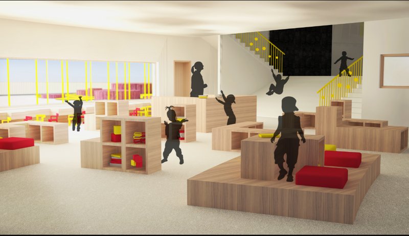 Warm interior learning space with modular wooden furniture, bright accents, and child-friendly play zones.