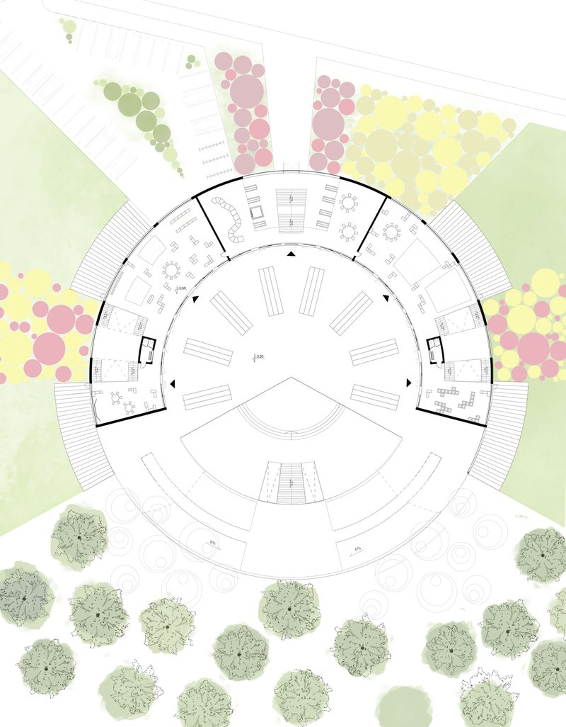 Kindergarten floor plan showing classrooms arranged around a central open activity space.