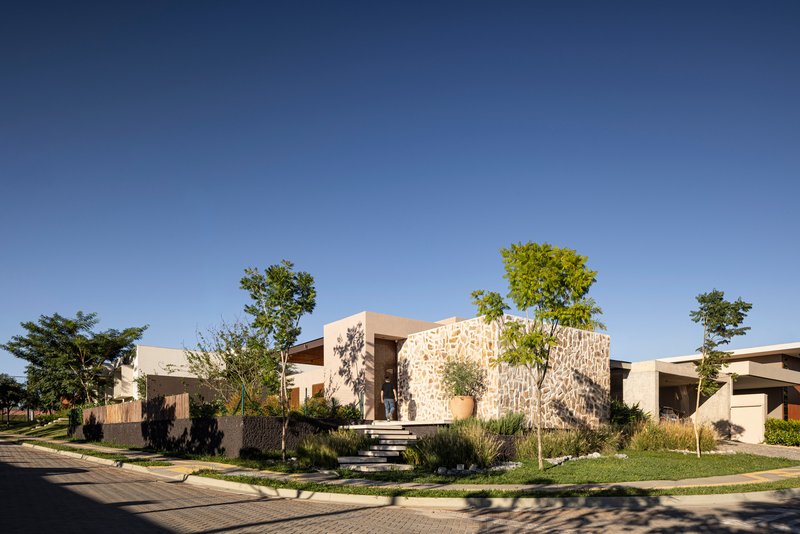 Corner lot view showing the curved stone facade and planted front yard with young trees
