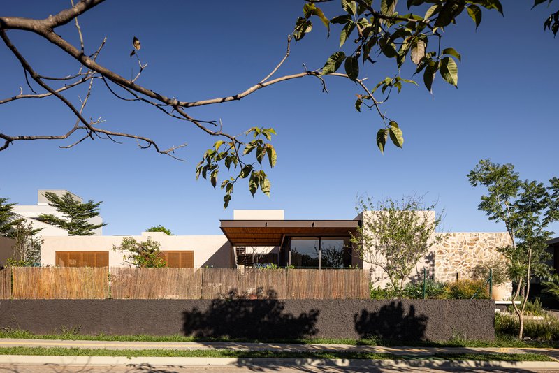 Street view of the stone and stucco facade with bamboo screening and tree branch shadows in afternoon light