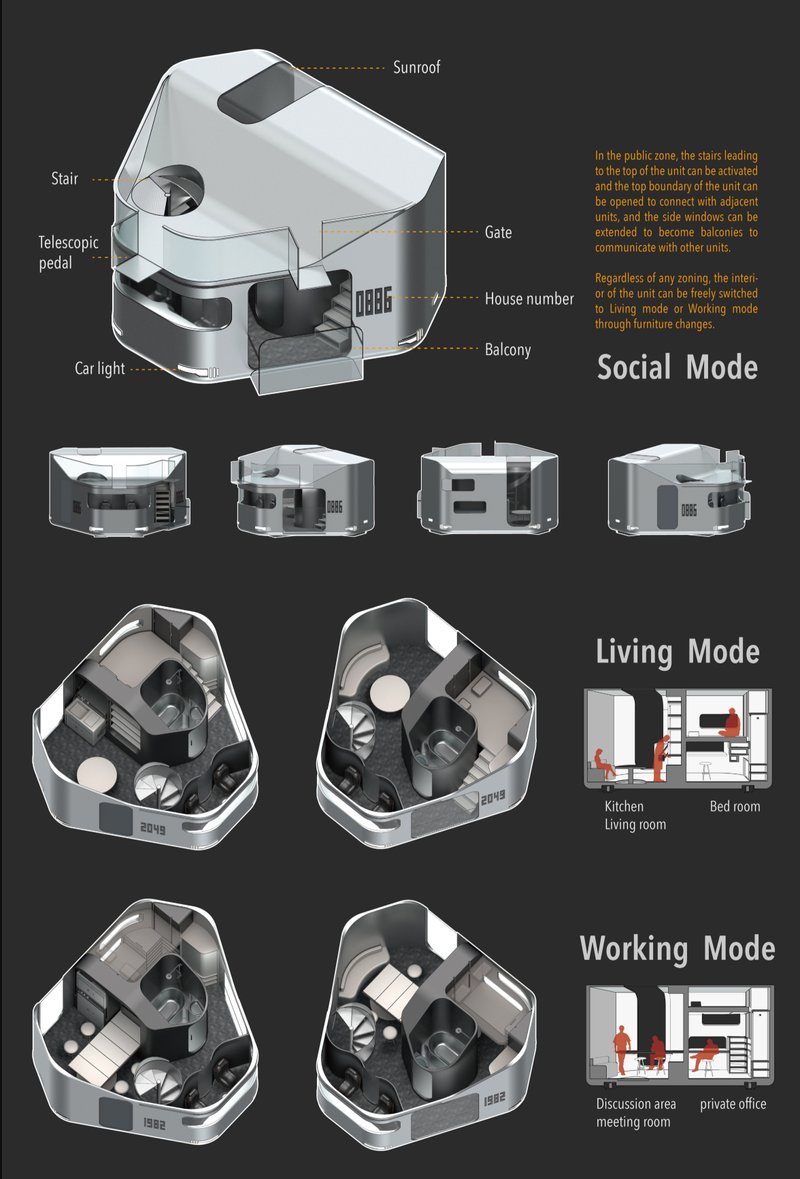 A transformable residential pod shifts between social, living, and working modes.