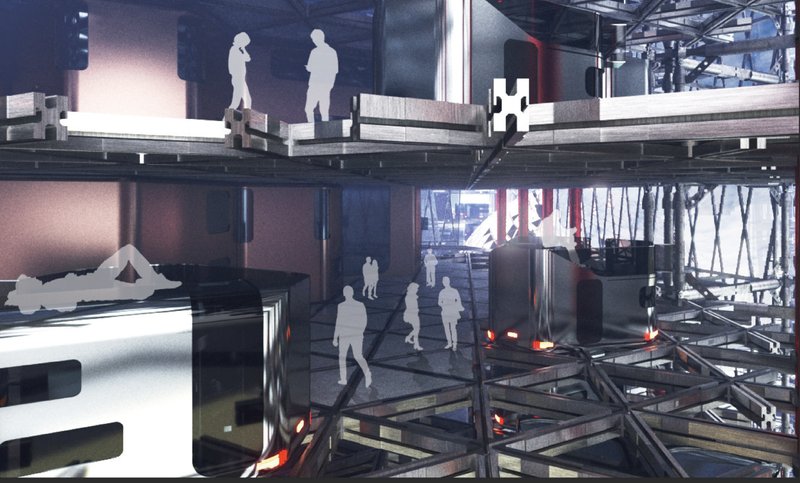 Mobile housing units create flexible communal spaces within the steel megastructure.