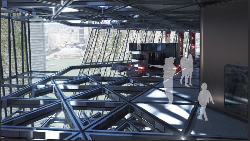 Hexagonal tracks enable residential pods to move through the open structural framework.