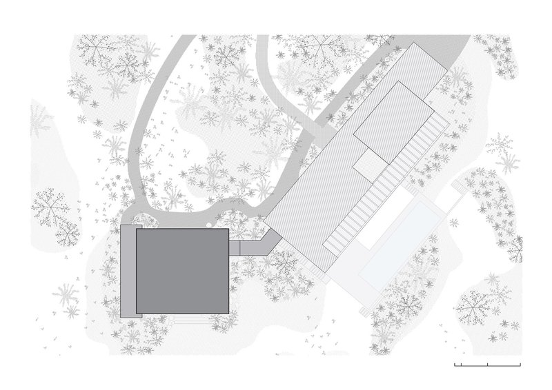 Site plan drawing showing two volumes connected by a covered walkway among dense tree canopy