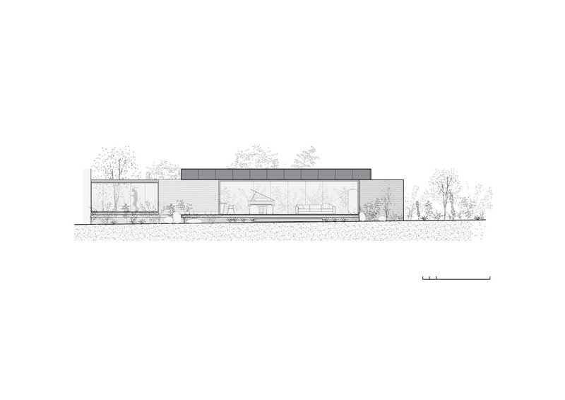 Elevation drawing showing a low horizontal volume with full-height glazing and flat roof amid trees