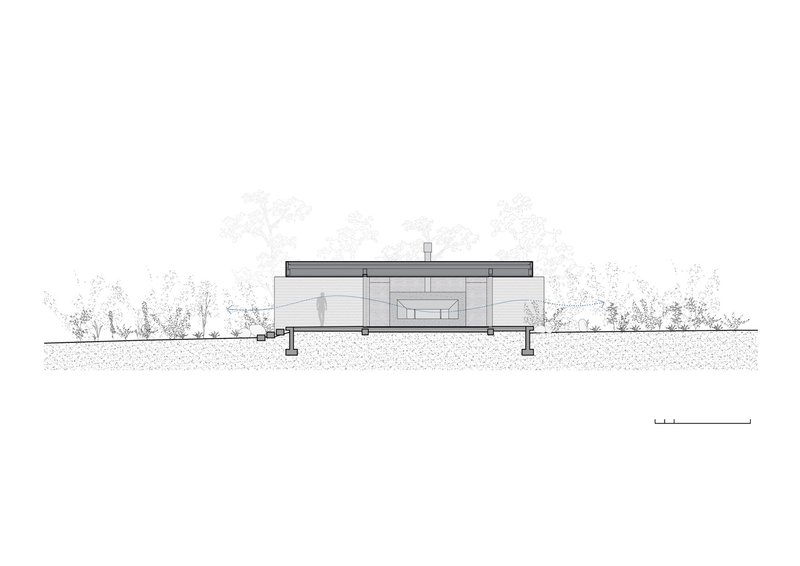 Section drawing revealing interior spaces beneath a flat roof with central skylight and trees beyond