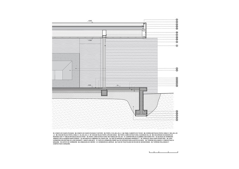 Section drawing showing foundation detail with concrete pier and horizontal cladding above grade