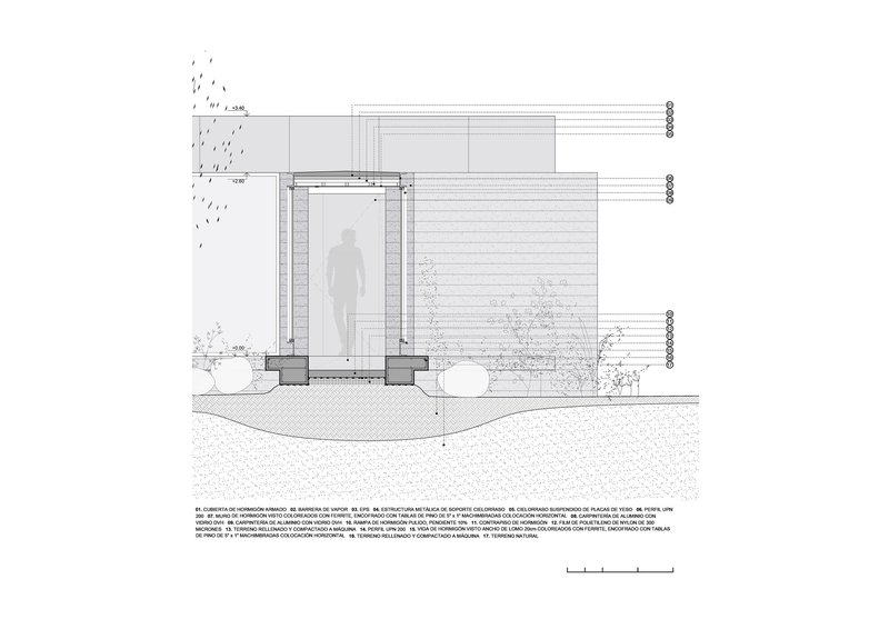 Section drawing showing entrance threshold with standing figure silhouette and landscape beyond