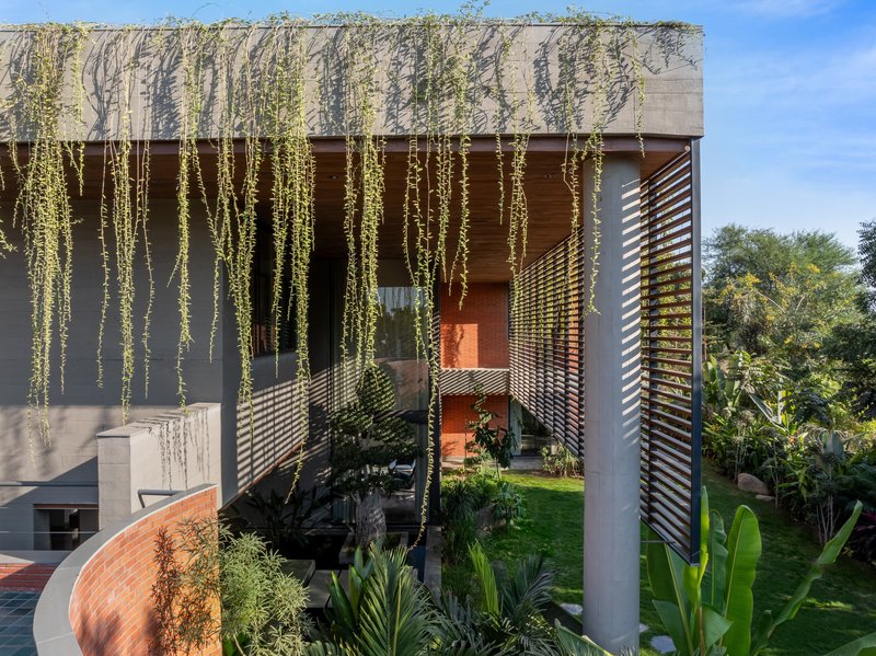 Layered facade showing concrete parapet with hanging vines above timber louvers and brick planter volumes