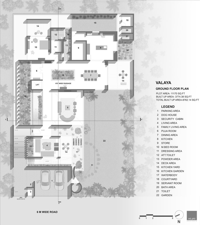 Ground floor plan drawing showing living areas, courtyards, and service spaces with surrounding tree canopies