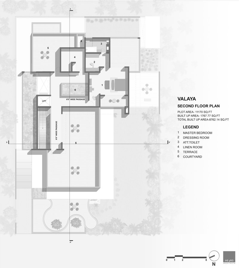 Second floor plan drawing showing master bedroom, dressing room, and multiple terraces with tree shadows
