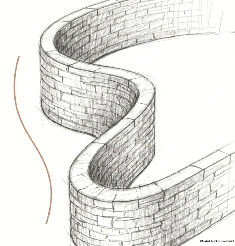 Sketch of a spiraling brick wall with curved masonry details and tonal shading