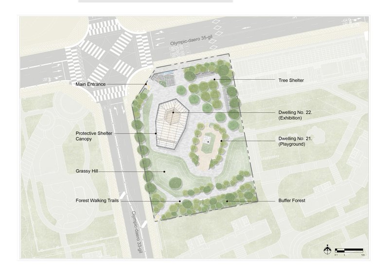 Site plan drawing showing the canopy structure surrounded by trees, walkways and adjacent buildings