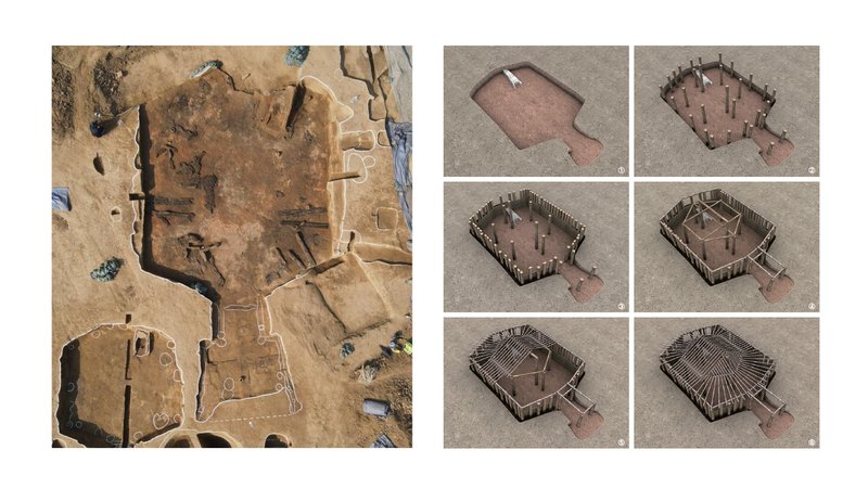 Drone view of excavated dwelling footprints alongside renderings showing the reconstruction sequence with timber framing