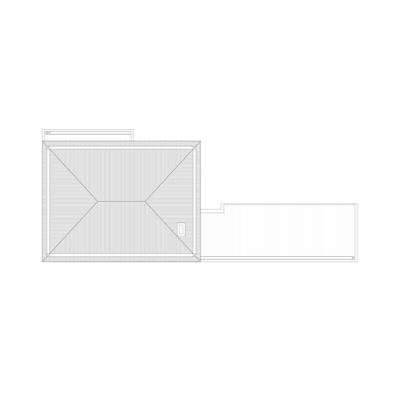 Roof plan drawing showing a pitched roof with diagonal ridge lines and an adjacent flat terrace