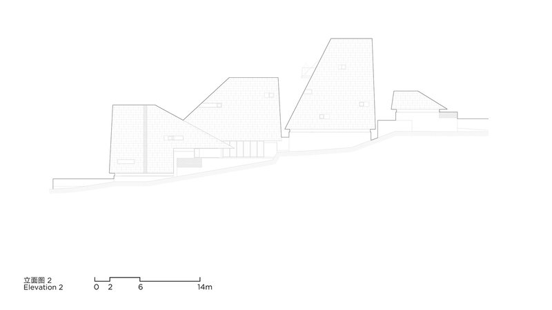Elevation drawing showing staggered building masses with pitched roofs stepping down the slope