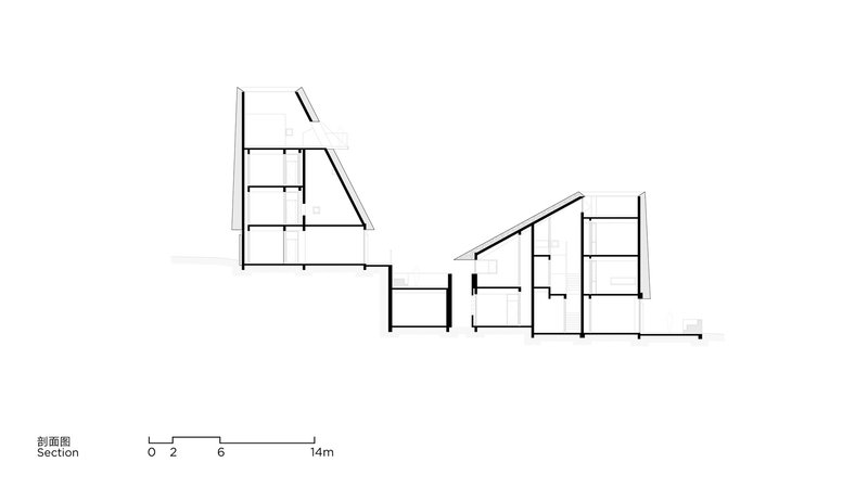 Section drawing revealing split-level interior spaces beneath angled rooflines on sloping ground
