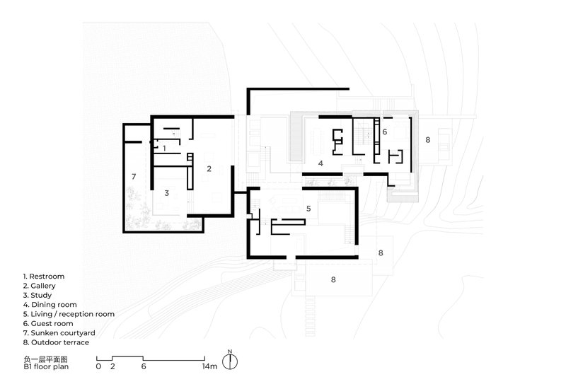Floor plan drawing showing an L-shaped layout with rooms arranged around a sunken courtyard