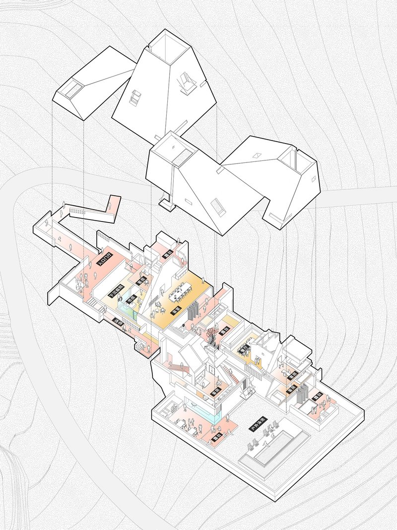 Axonometric cutaway drawing showing interior room arrangements beneath three pyramidal roof forms with topographic site lines
