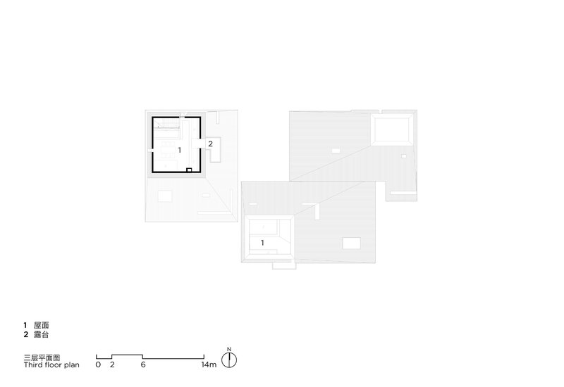 Third floor plan showing a rooftop terrace and a small enclosed room with topography lines