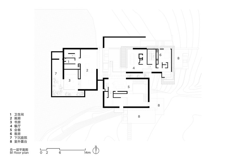 First floor plan showing multiple rooms arranged around courtyards with contour lines indicating sloped terrain