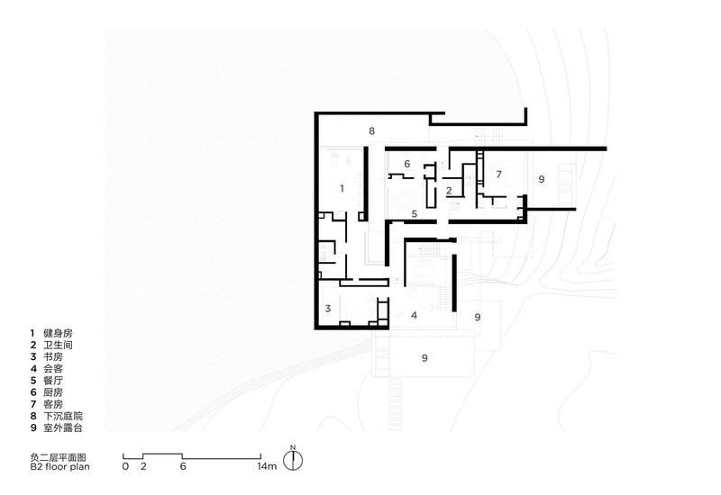 Second floor plan showing interconnected living spaces with outdoor terraces and topographic contours