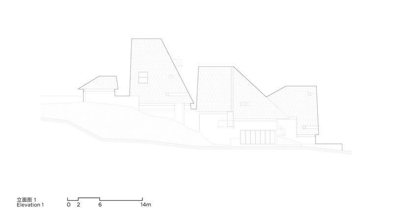 Elevation drawing showing clustered volumes with varying roof angles and a central staircase