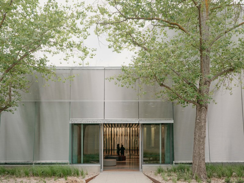 Entrance facade with translucent channel glass panels and glazed doors framed by existing trees and gravel beds