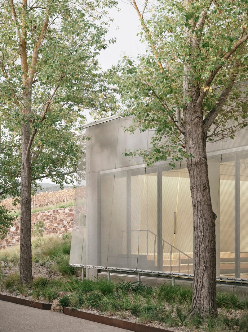 Glass-enclosed stairwell volume behind translucent panels nestled among trees with a view to hillside beyond