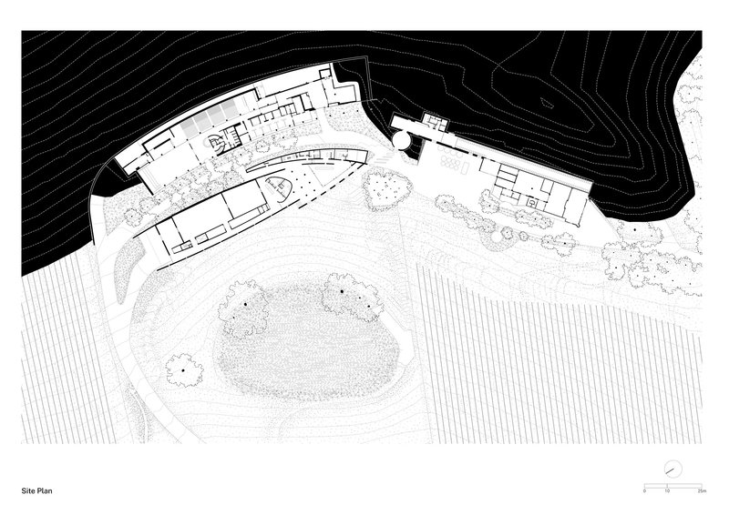 Site plan drawing showing a curved building with central courtyard nestled into contoured topography