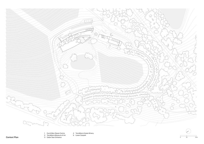 Context plan drawing depicting the curved structure amid dense tree canopy and agricultural fields
